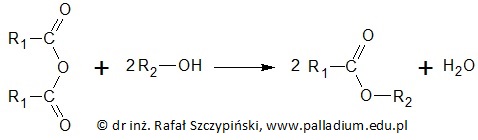 Zapis równania reakcji estryfikacji z udziałem bezwodnika kwasowego oraz określenie nazwy estru (izomeria geometryczna)